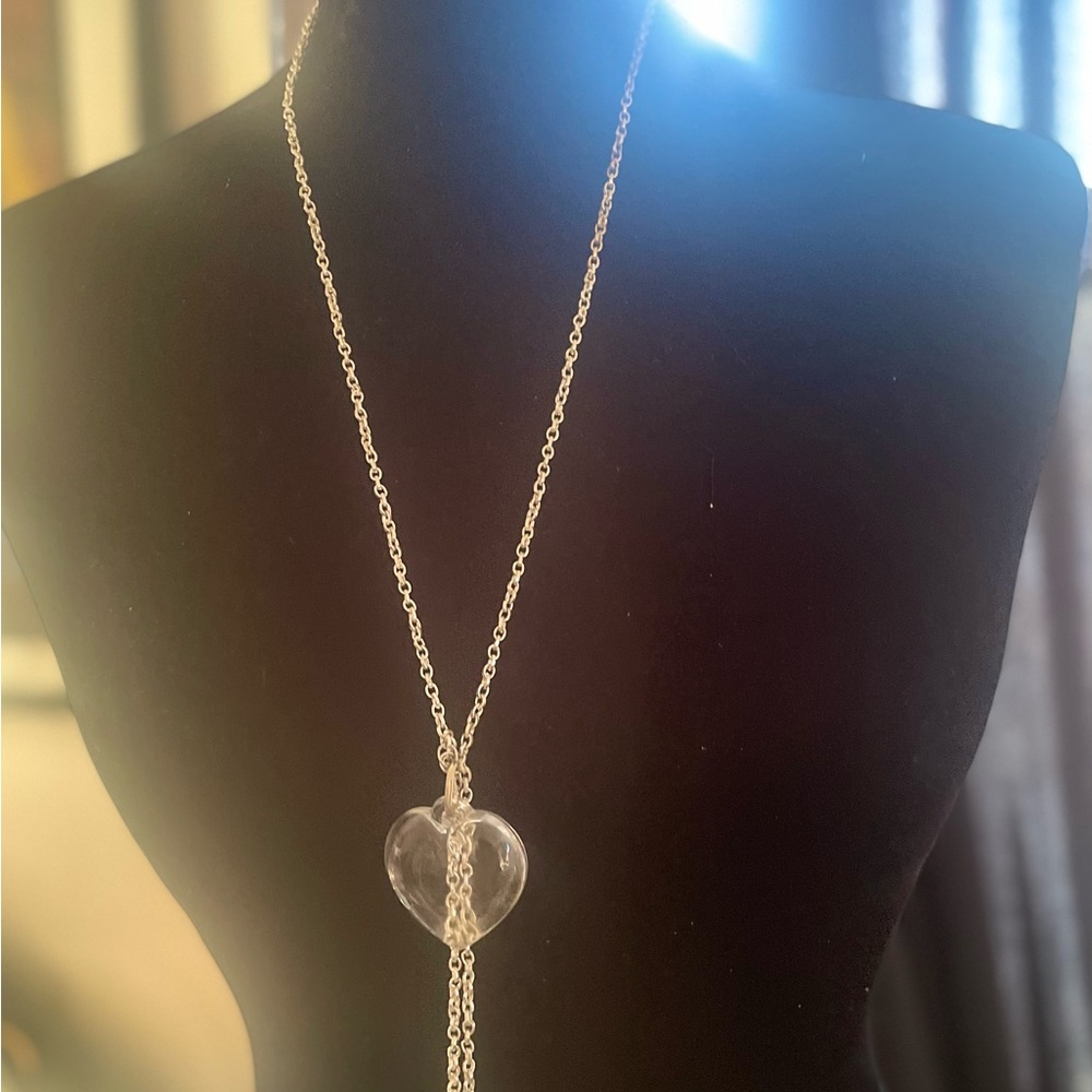 Silver plated lariat necklace with clear acrylic heart